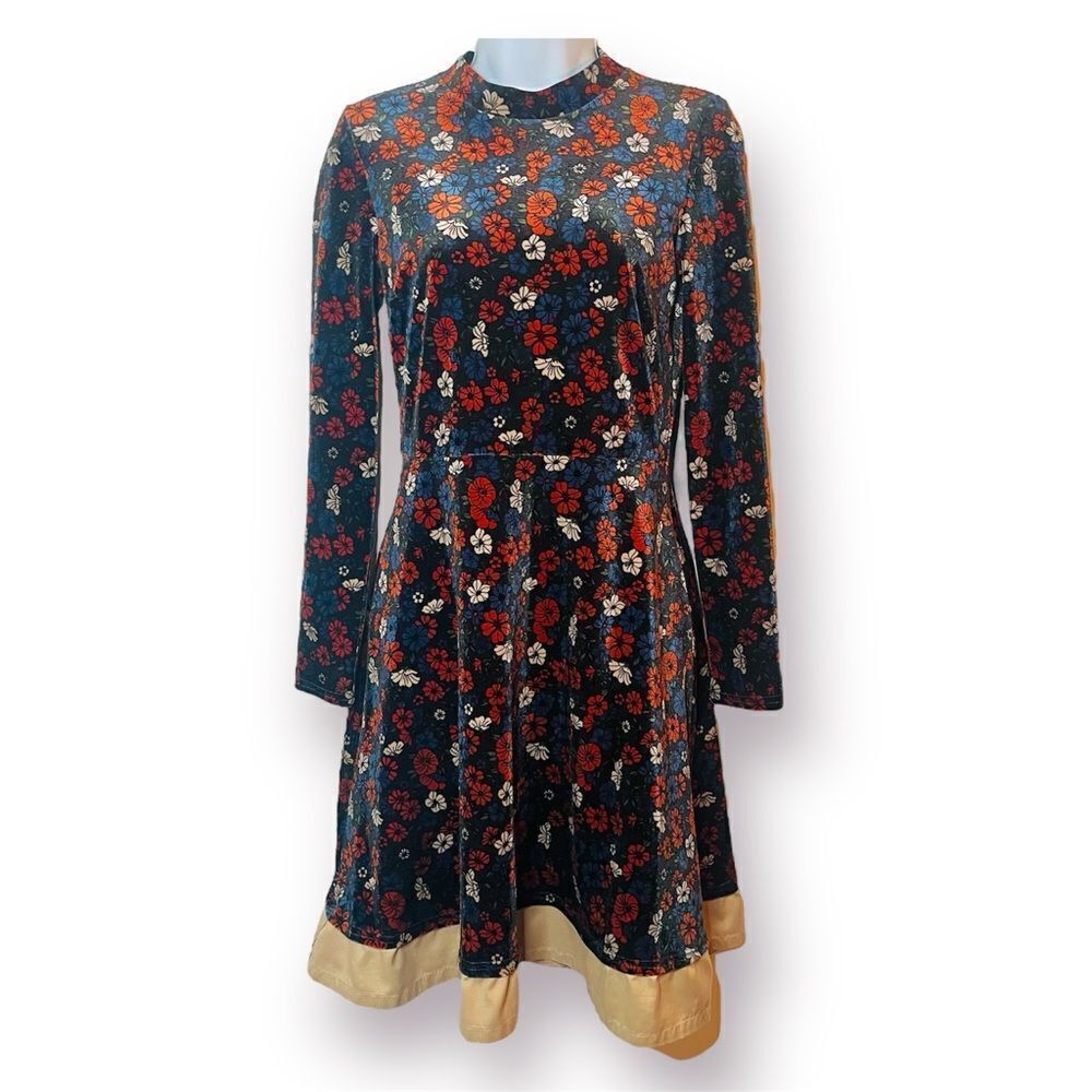 Topshop Mockneck Navy Floral Velvet Dress Long Sleeves A-Line Fit and Flare 4